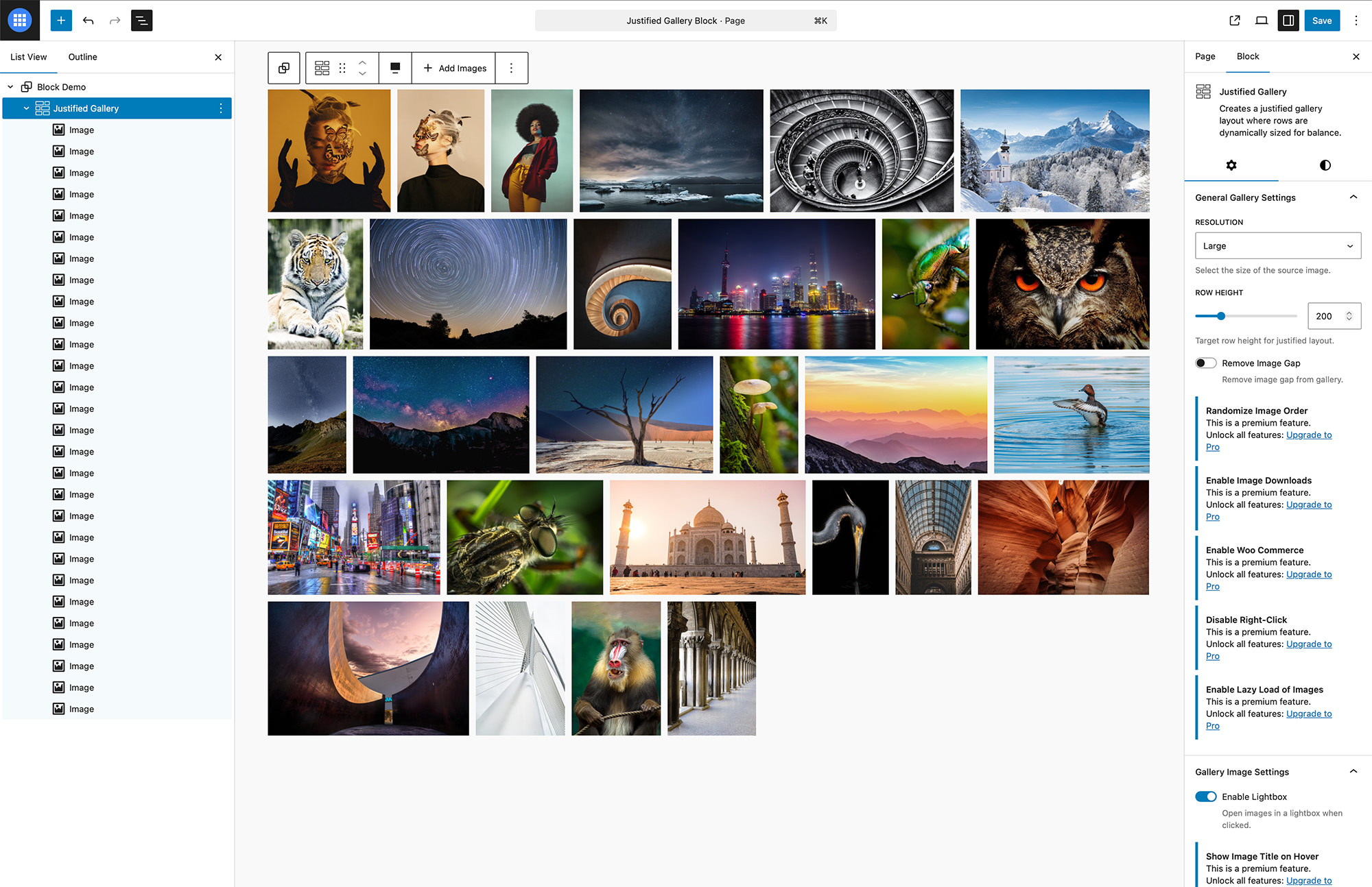 Justified Gallery block populated with images