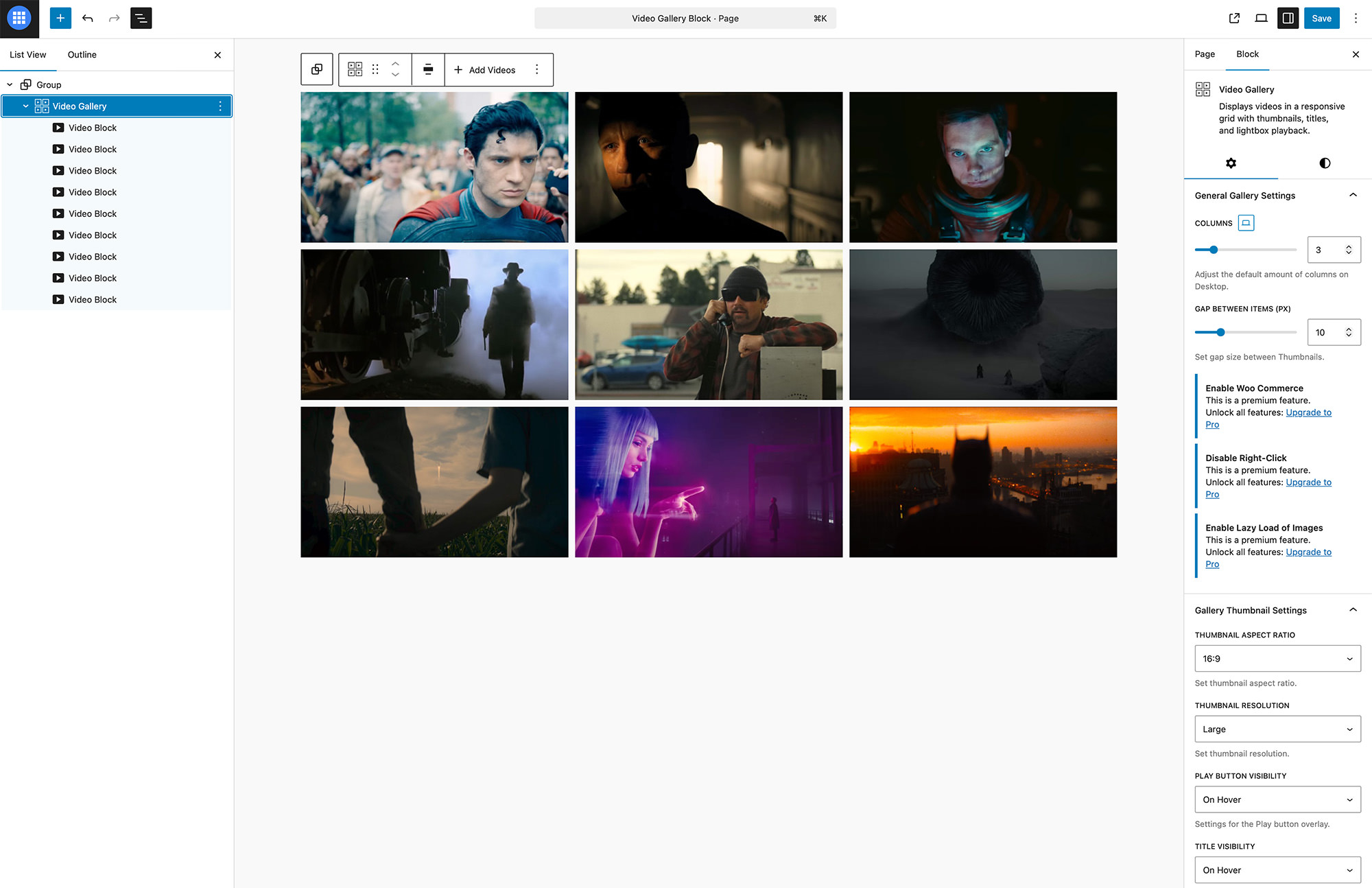 Video Gallery block populated with images