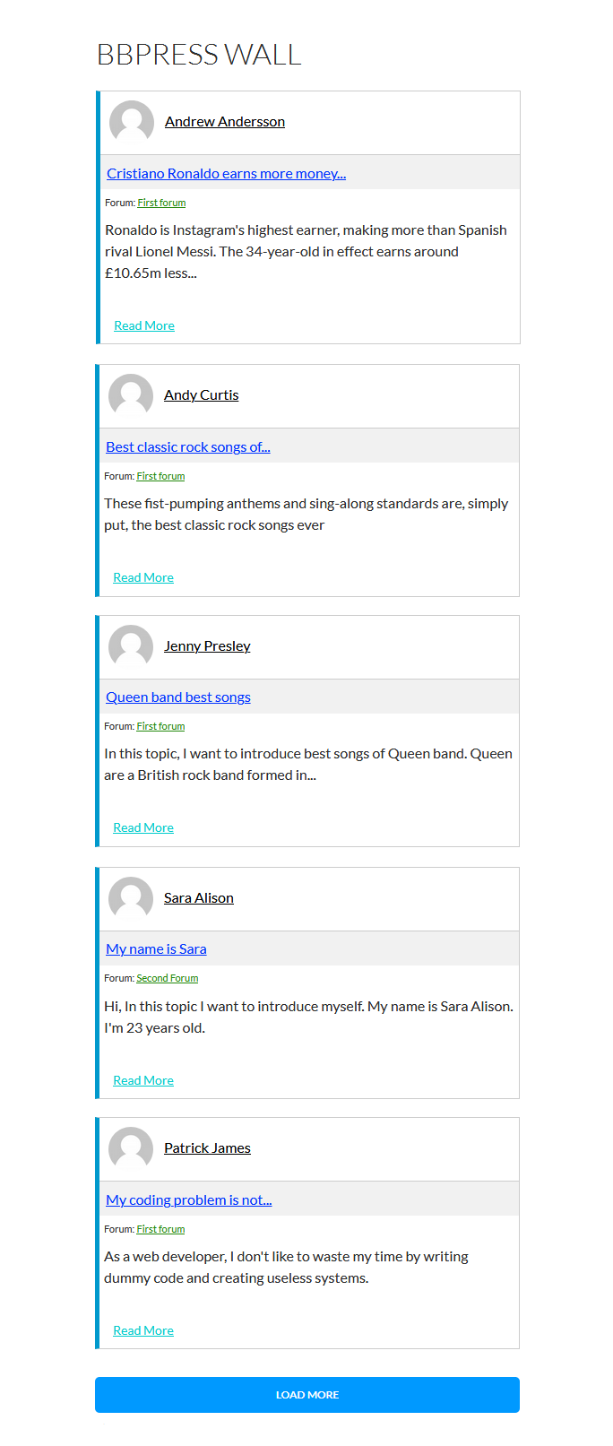 Display the topics of the following users in the wall section