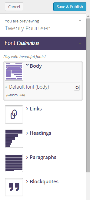 Font Customizer section opened in the WordPress Customizer