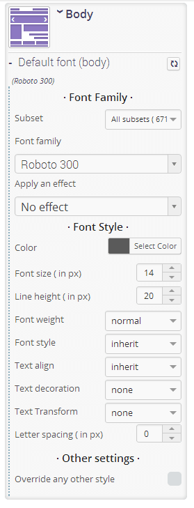 Details of the body font controls