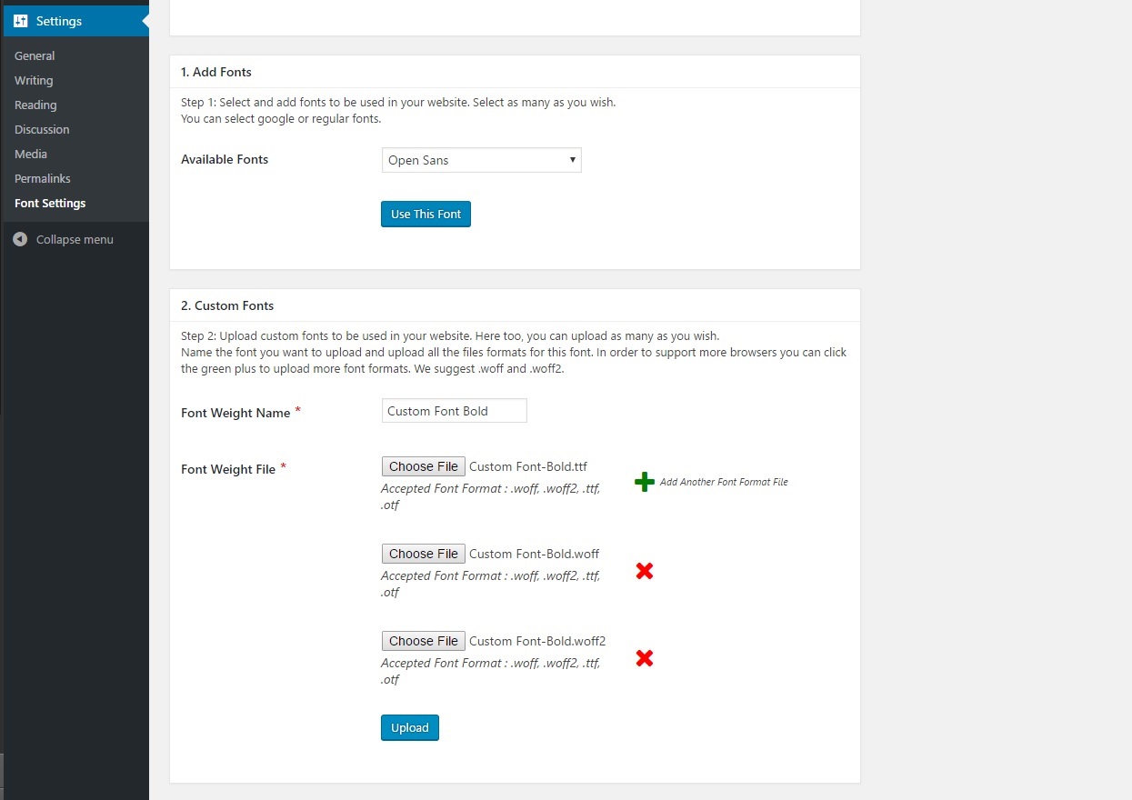 Choosing Google & uploading fonts in just 1 step.