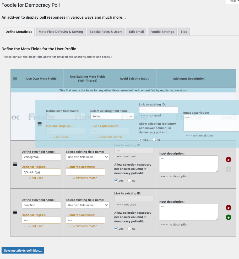 Admin tab: Foodle settings