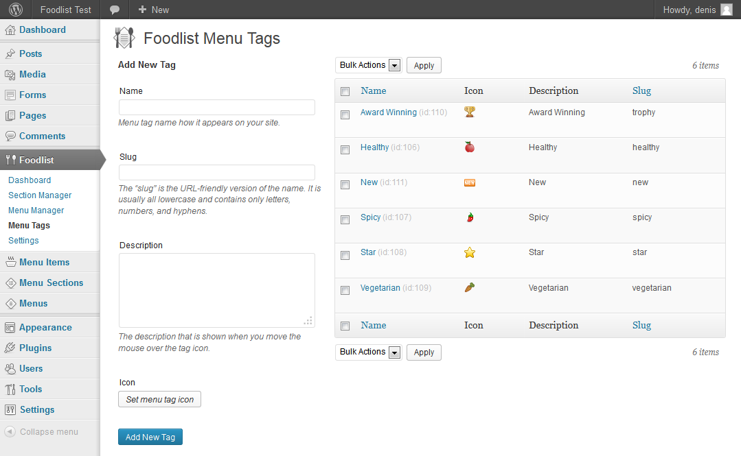 Menu Tags list.