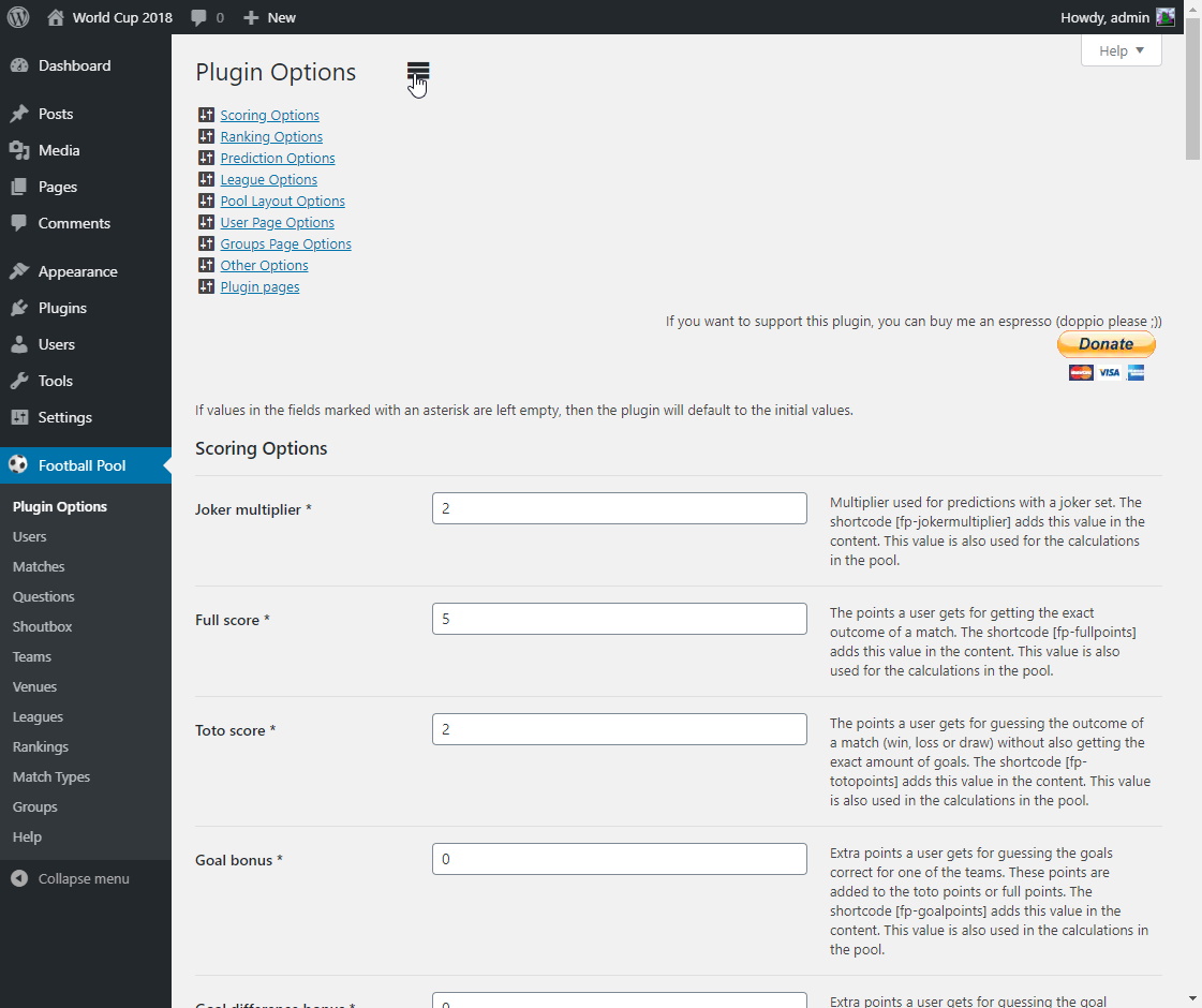 Admin screen: plugin options