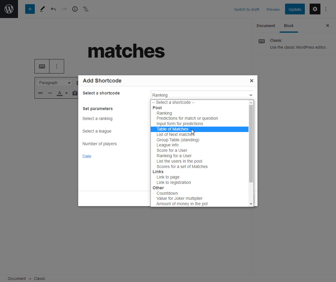 Admin screen: insert shortcode using the classic editor
