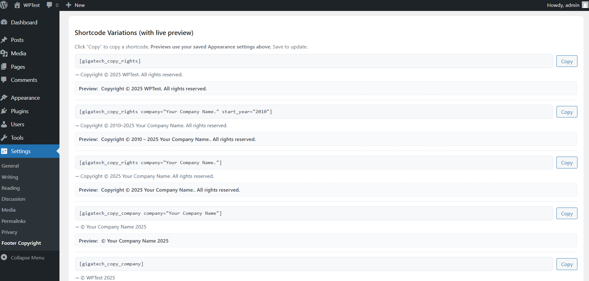 Admin Settings page showing live previews, and shortcode copy buttons.