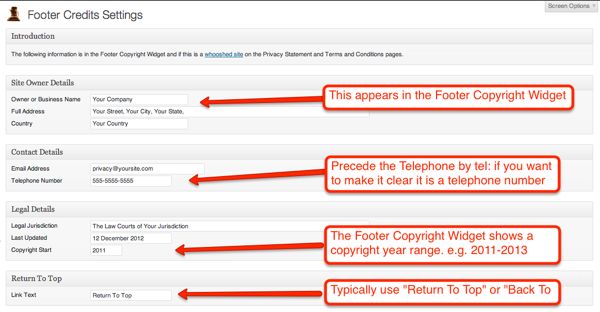Setting up Footer Credits copyright and address details