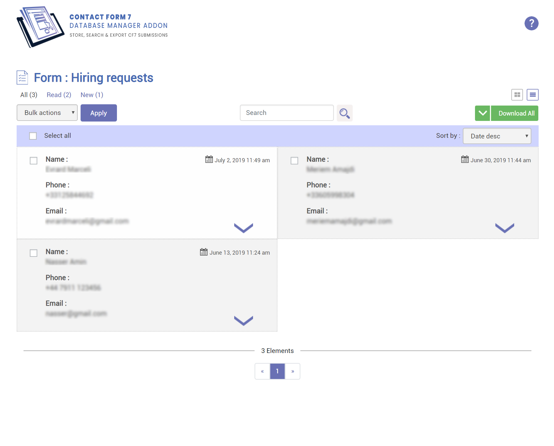 This screenshot presents the contact listing in the card-based design