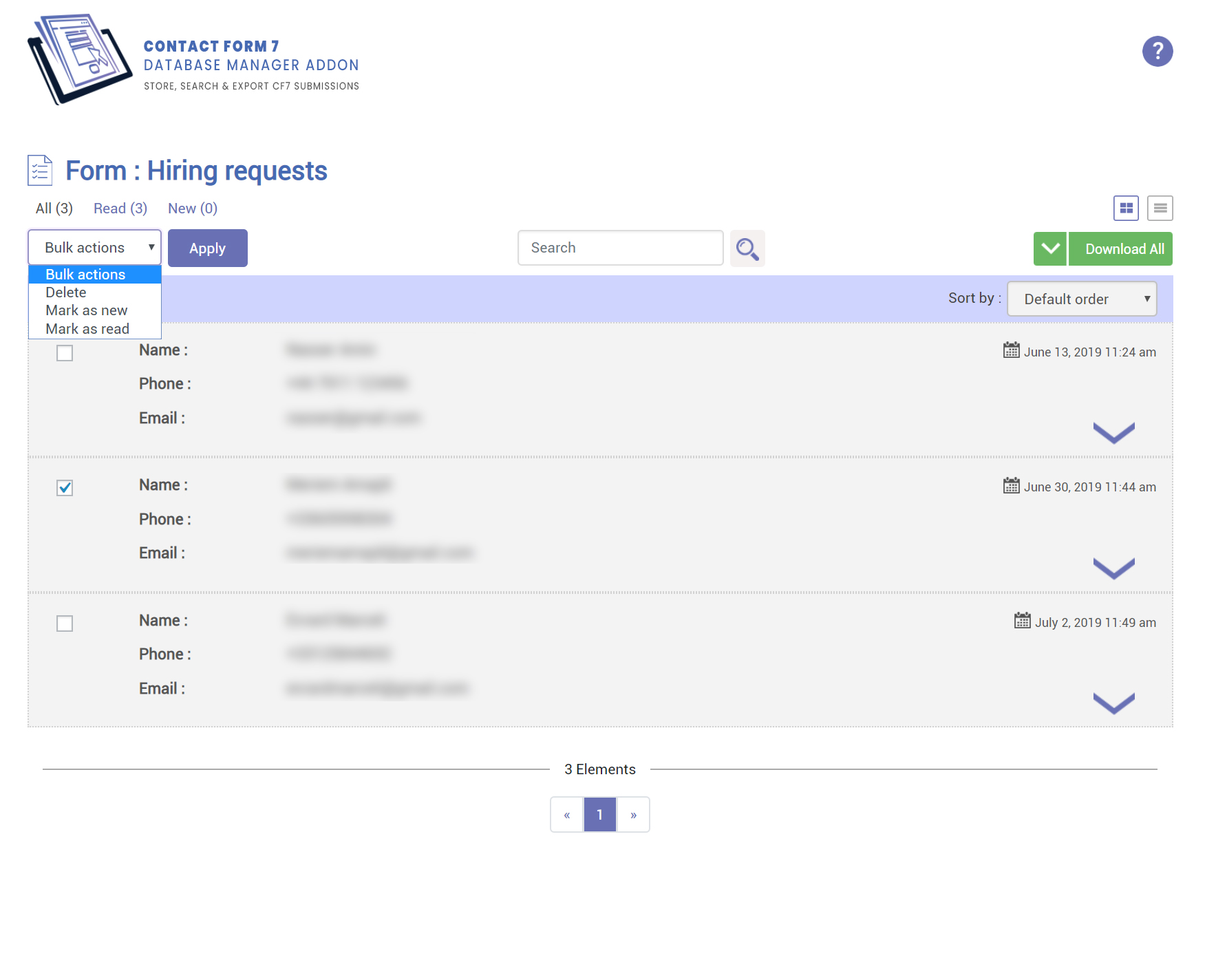 This screenshot presents the bulk actions