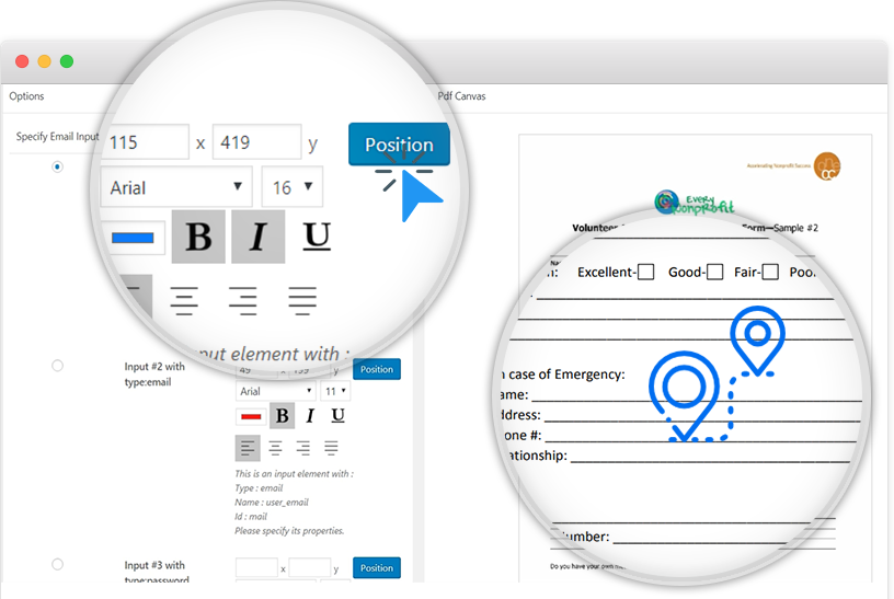 You can see that while the admin move the cursor over the PDF on the right, the plugin automatically get the vertical/horizontal position, it is activated when he clicks.