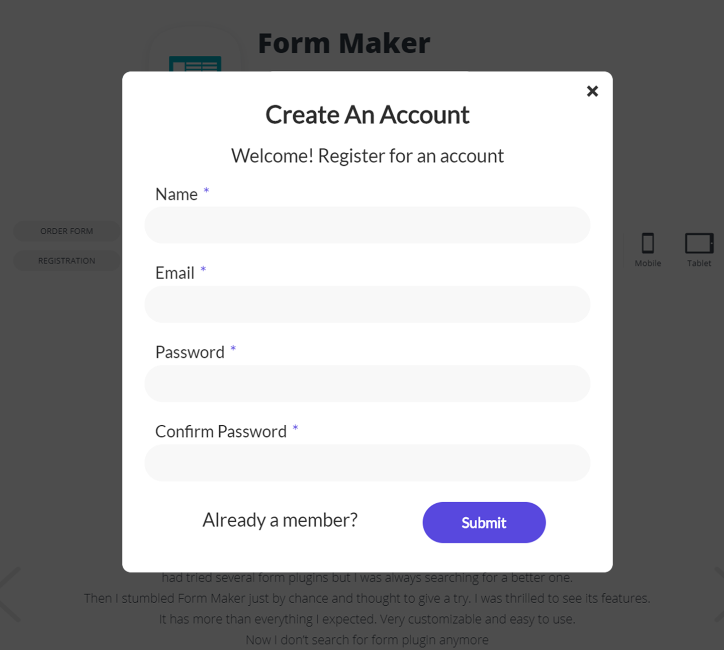 Pop-up form created using Form Maker