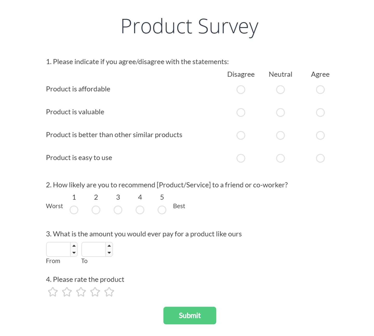 Product Survey with radio buttons, evaluation, star rating, etc.