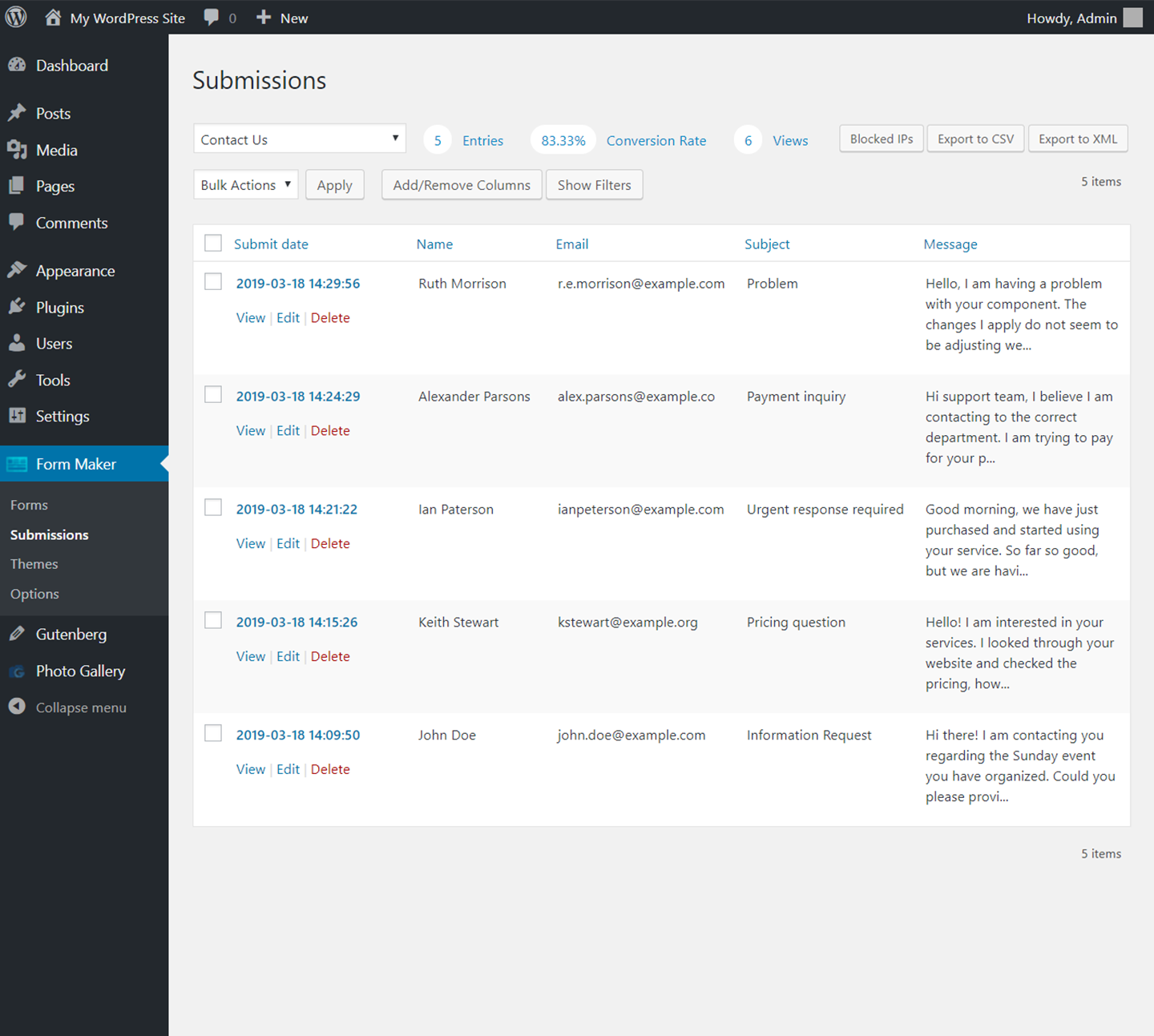 Form Maker - Manage form submissions, export, block ips