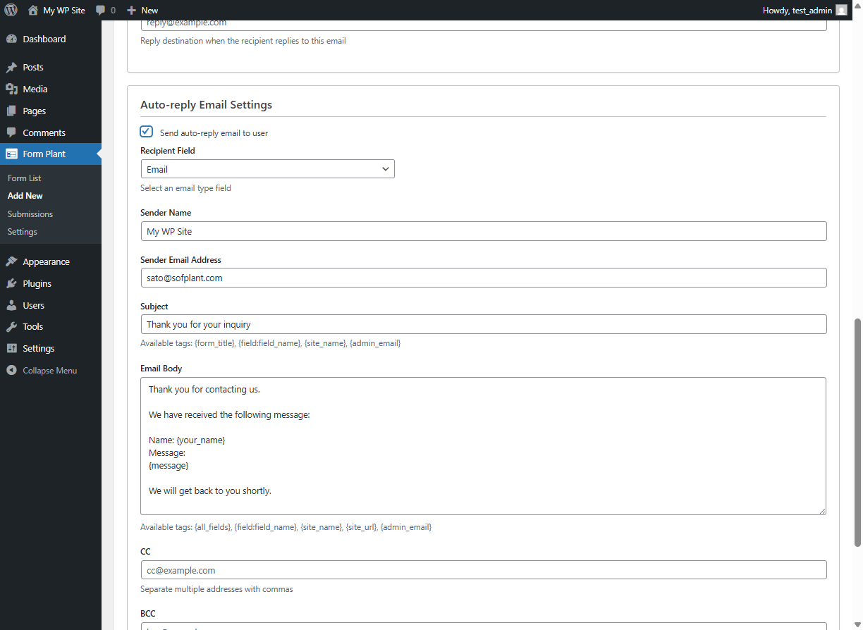Email notification settings for admin and auto-reply.