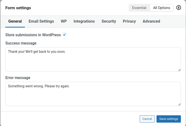 Form settings with tabs: General, Email Settings, Integrations, Security, Privacy, Advanced