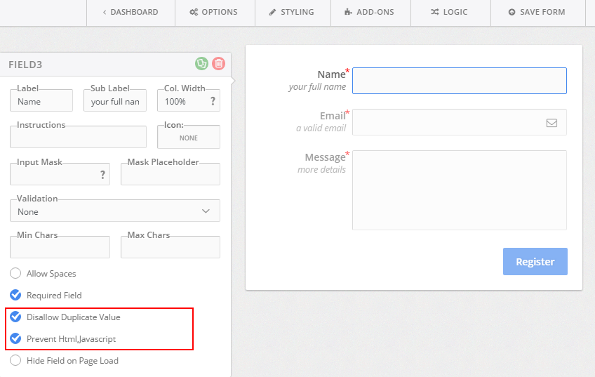 Disallow duplicate values, prevent javascript and html injection