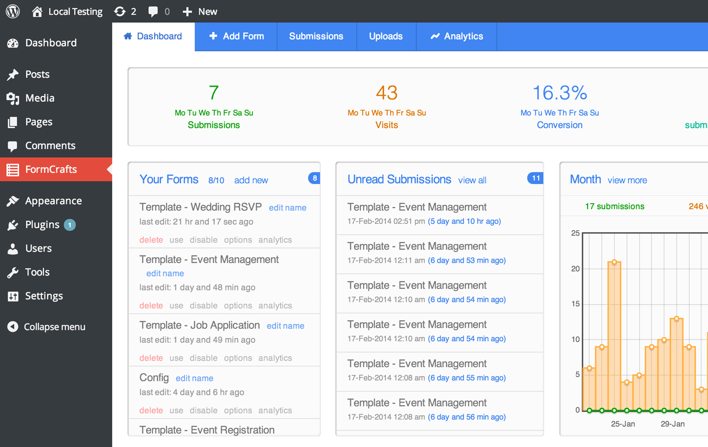 Your FormCrafts form builder dashboard, in WordPress. Cool, huh?