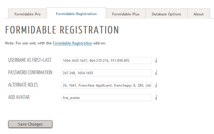 The Formidable Registration customizations page.