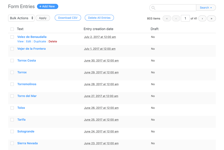 View, create, edit, and delete entries on the back end from a to-do list, employment application form, and more.