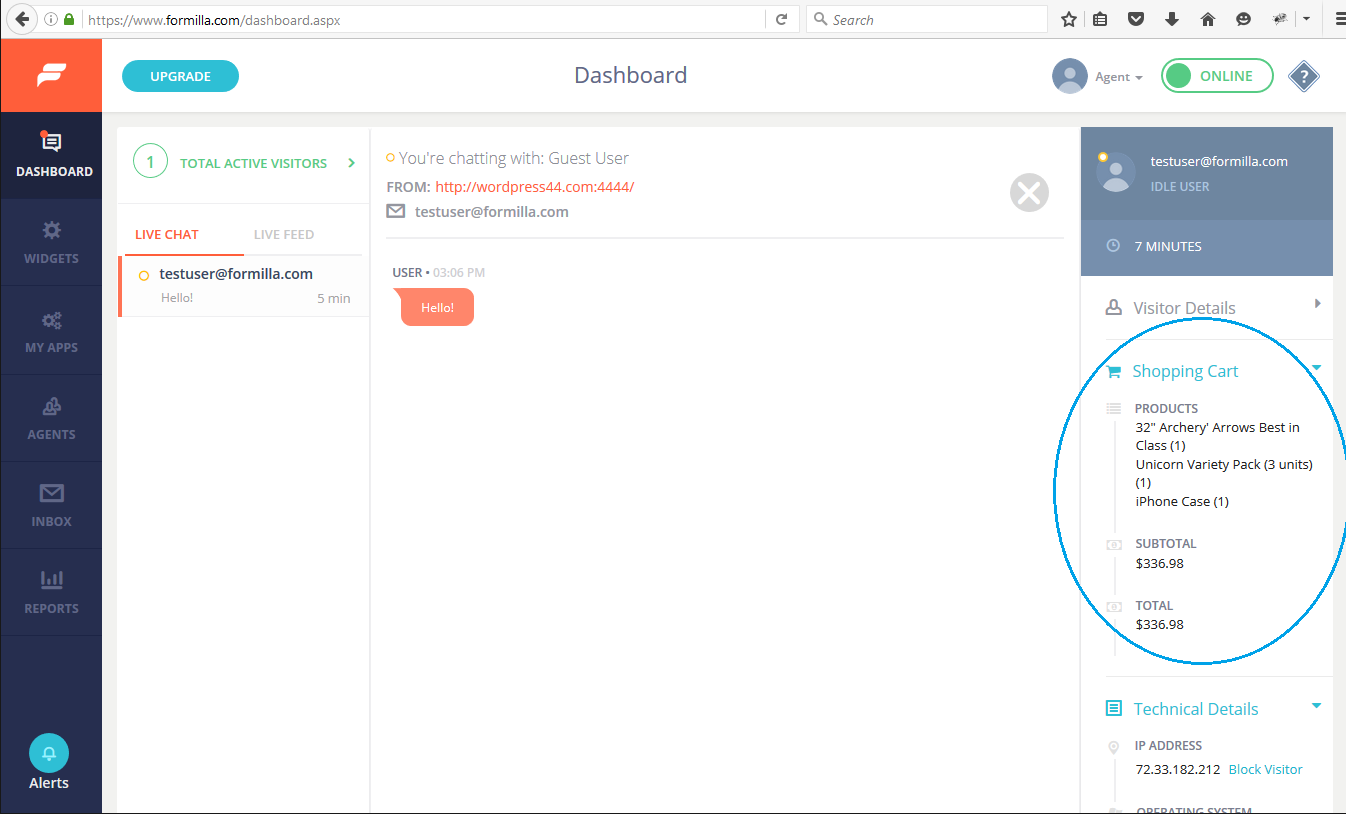 Formilla Dashboard where you can live chat with your visitors and view shopping cart information.