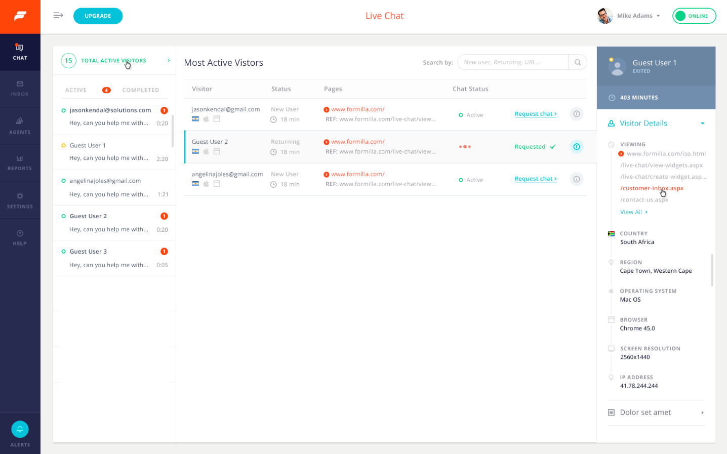 Real-time Visitor Monitoring Dashboard where you can monitor your website visitors and initiate live chats proactively.