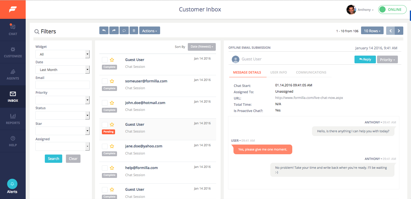 The Formilla Customer Inbox. View live chat history, search and respond to offline email submissions, and more.