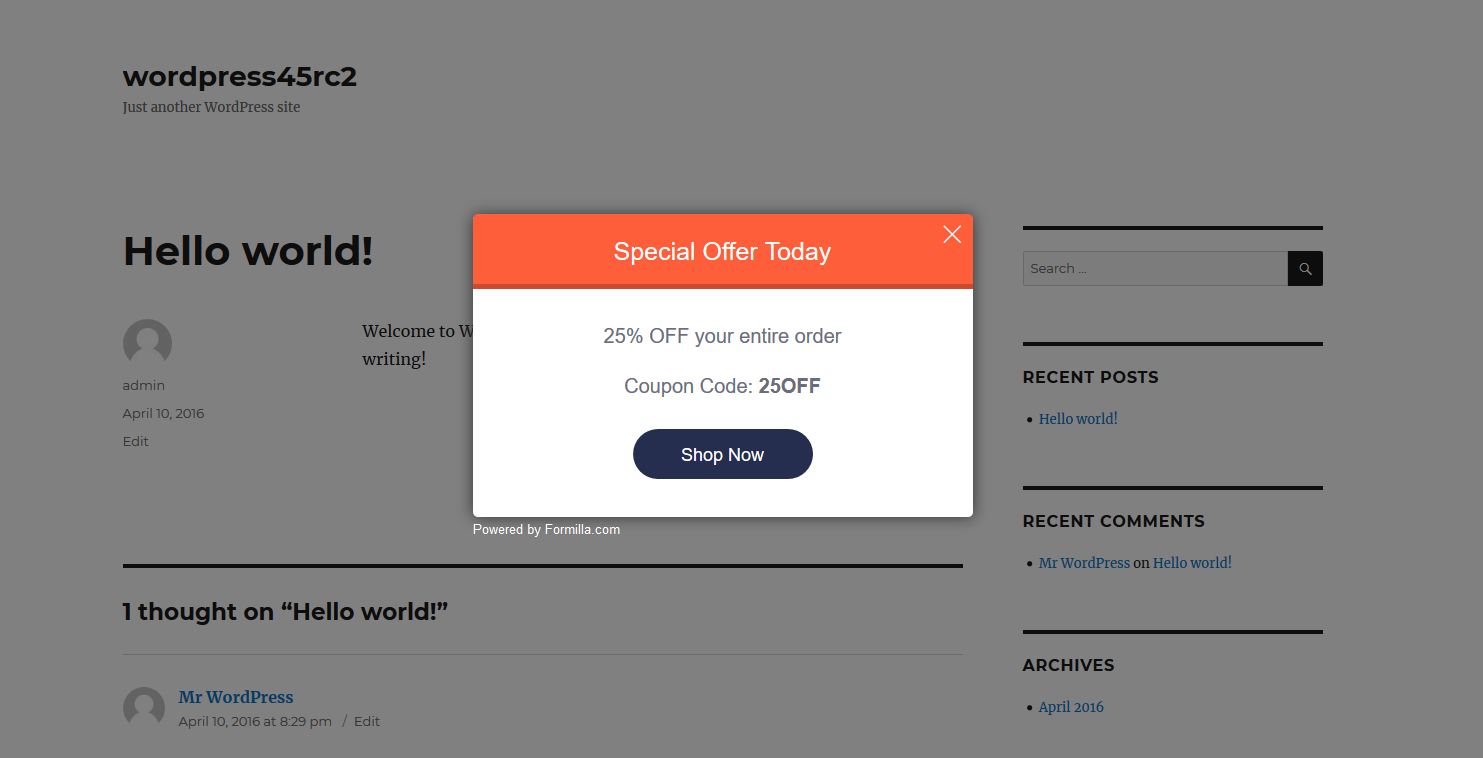 An example of a Formilla Edge In-App lightbox popup offering a special sale.  Customize the text, color, CTA button target, and more with HTML/CSS access.