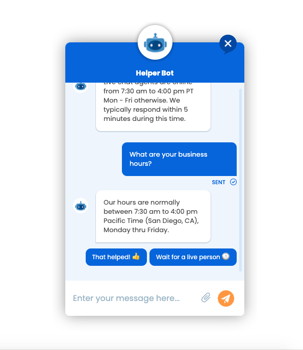 Dramatically reduce support time by setting up a Helper Chat Bot™ to automatically respond to common visitor questions using the power of A.I.