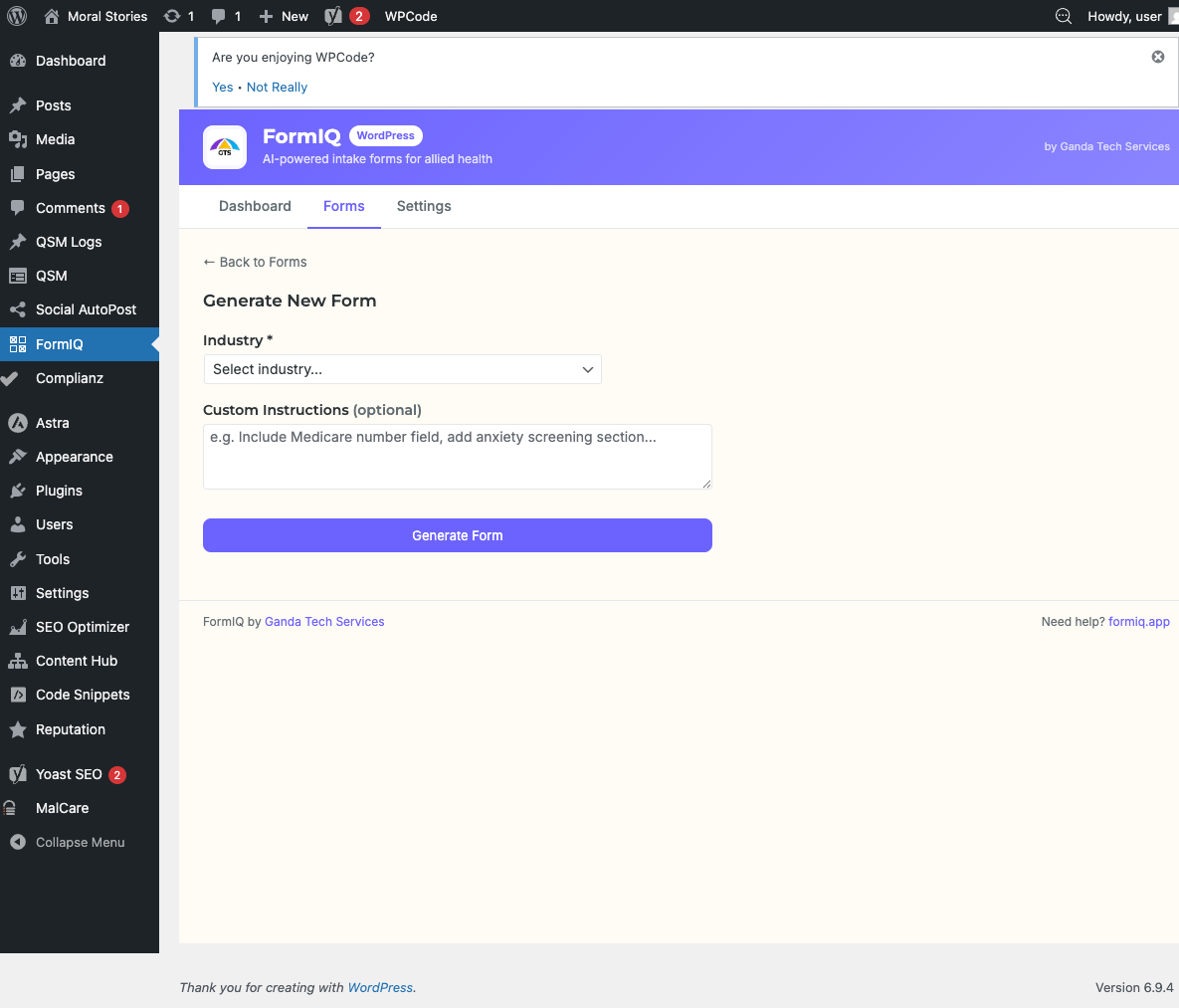 Generate Form — select specialty and add custom instructions