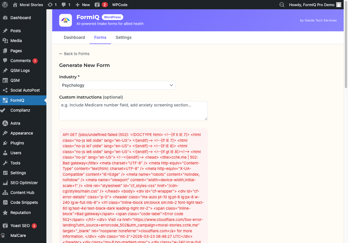 Form Preview — review AHPRA compliance flag and all generated fields