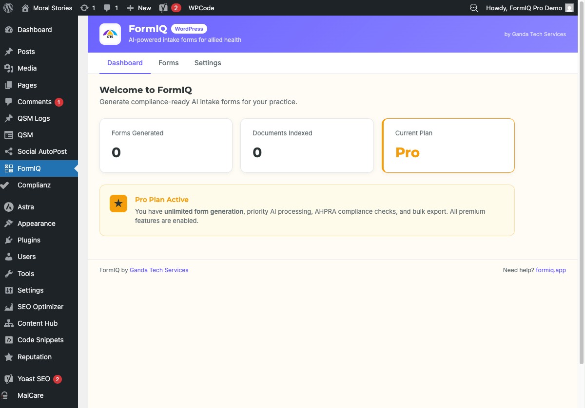AHPRA compliance badge on a completed psychology intake form