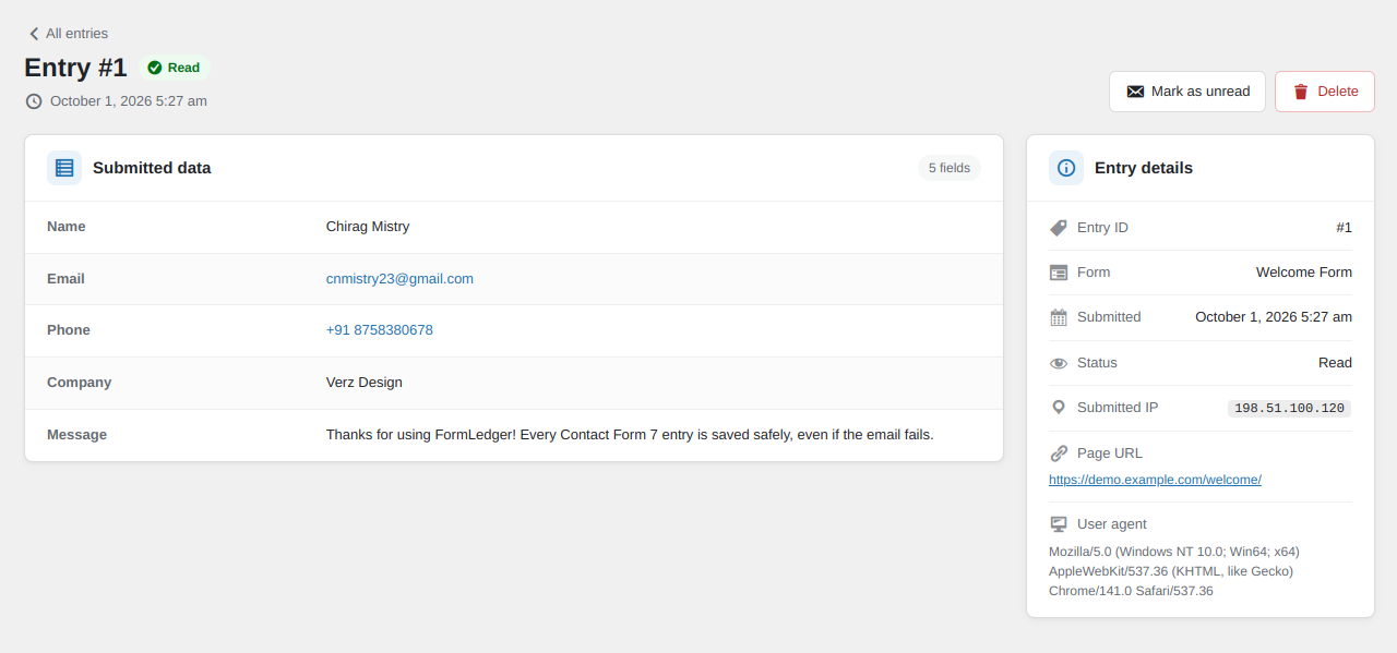Entry screen with every submitted field, clickable email and phone, submitted IP, page URL and browser.