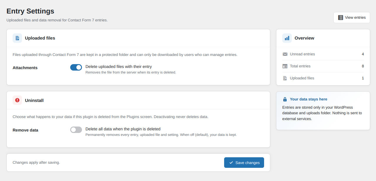 Simple settings for uploaded files and data removal.