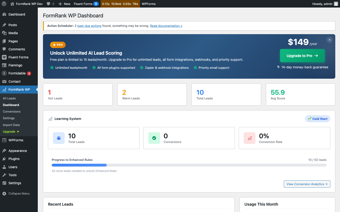 Dashboard overview with lead statistics and learning system progress