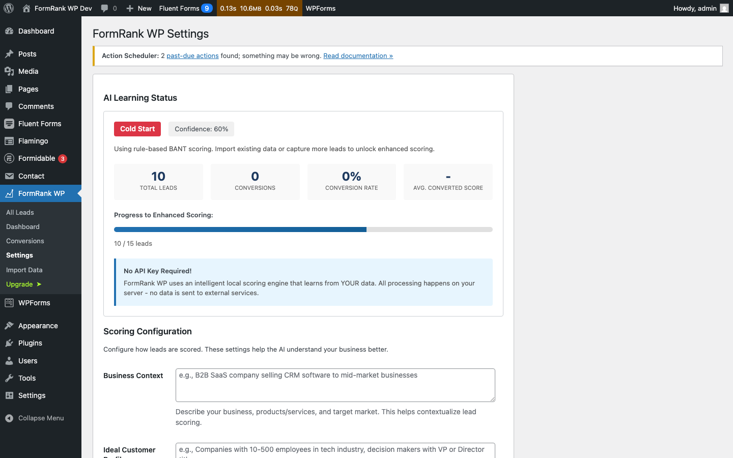 Settings page with scoring configuration and thresholds