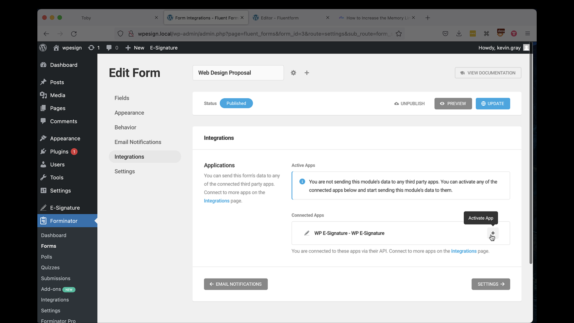 **ForminatorForms Data** If you click the Signer Input Fields icon you will see the option “Forminator Forms Data.” Click this to connect a WP Form to this contact.