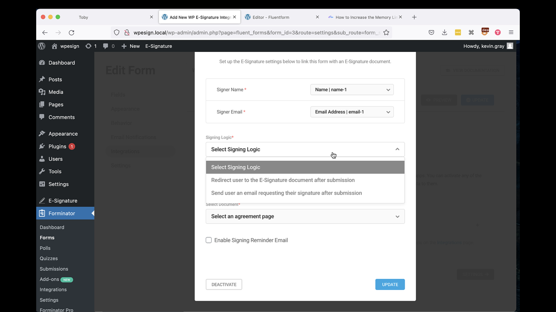 **Choose Your Forminator Forms Fields:** After selecting your WP Form you will see the available field options from this particular WP Form. You can easily insert data from your WP Form anywhere in this new contract.