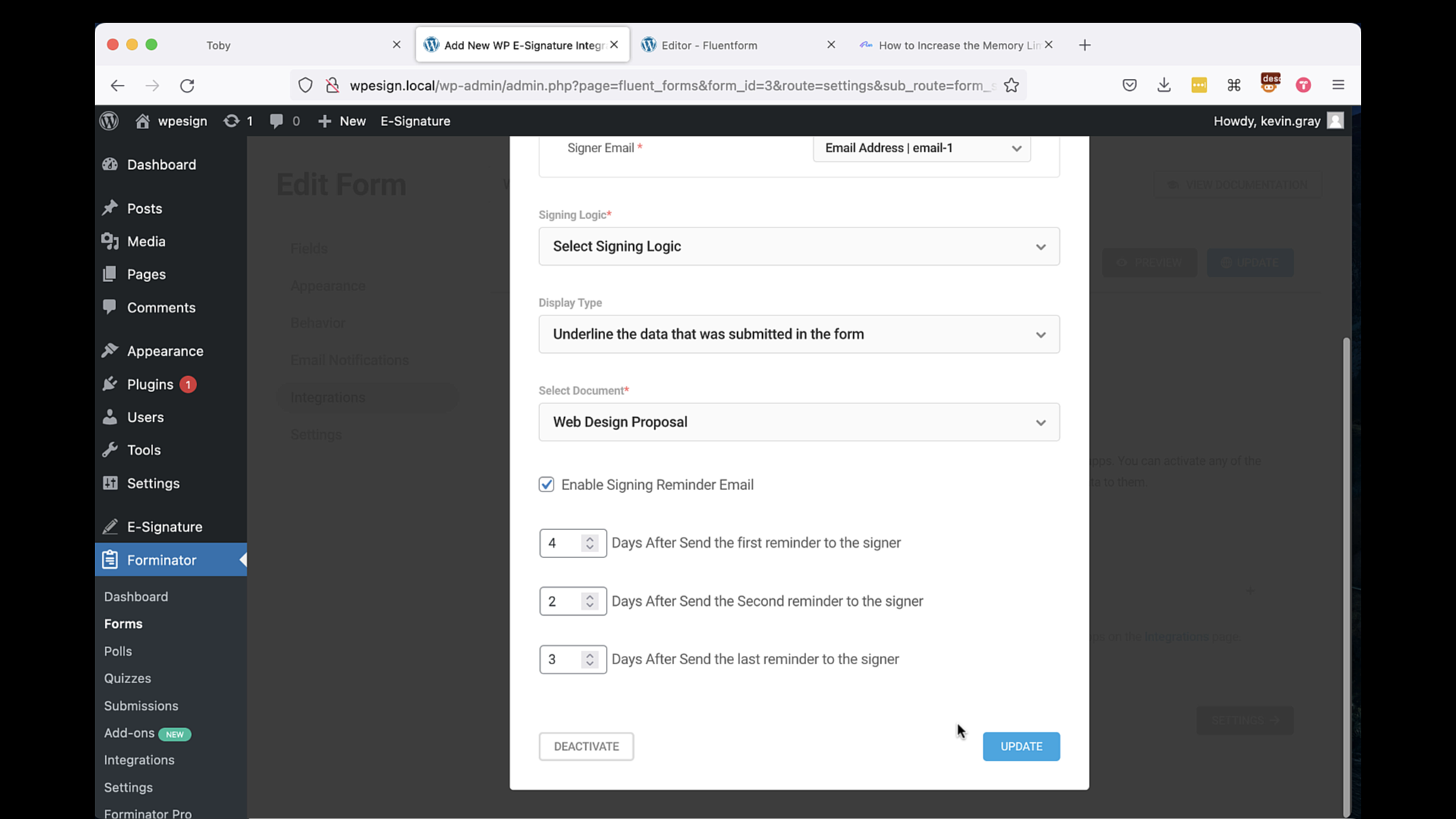 **Document Signing Options (optional):** The powerful WP E-Signature tool by ApproveMe features plenty of customizable options including: Signing reminder Emails, Attach PDF to emails, Dropbox Sync, Auto Register WordPress Users, and TONS more. To read all about the available add-on features (which come with the Elite or Lifetime license) please see: [https://www.approveme.com/esign-integrations](https://aprv.me/2lNRp2C)