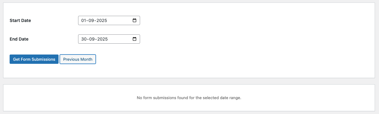 Empty state message when no form submissions are found within the selected date range