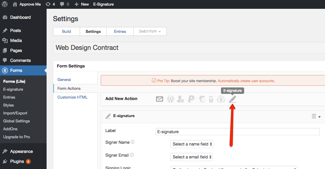 **Formidable Forms Data** If you click the Signer Input Fields icon you will see the option “Formidable Forms Data.” Click this to connect a WP Form to this contract.