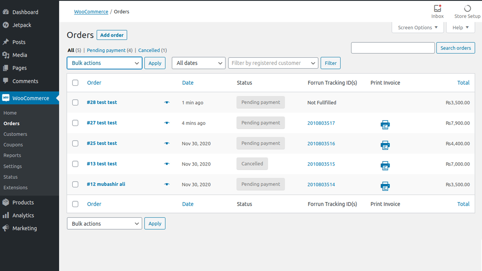Order Listing Page showing Forrun Tracking ID(s) and Print Invoice Column.