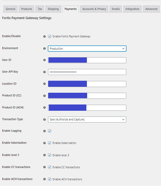 WooCommerce Admin Fortis Configuration Page