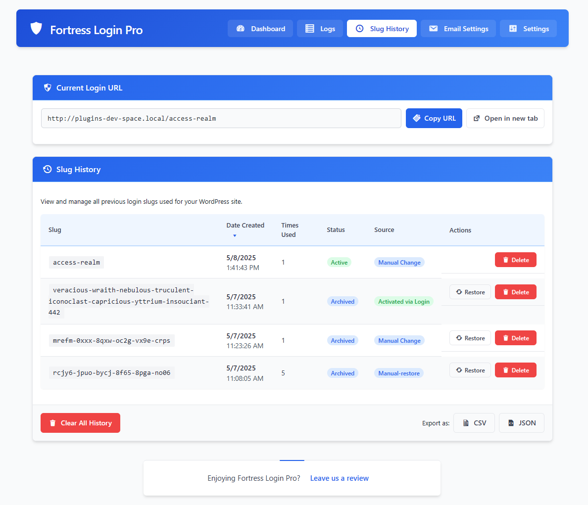 Slug history view with restore/delete options
