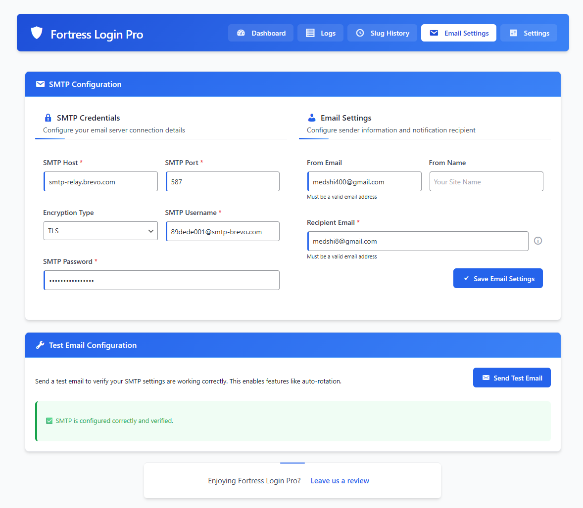 SMTP configuration and test email panel