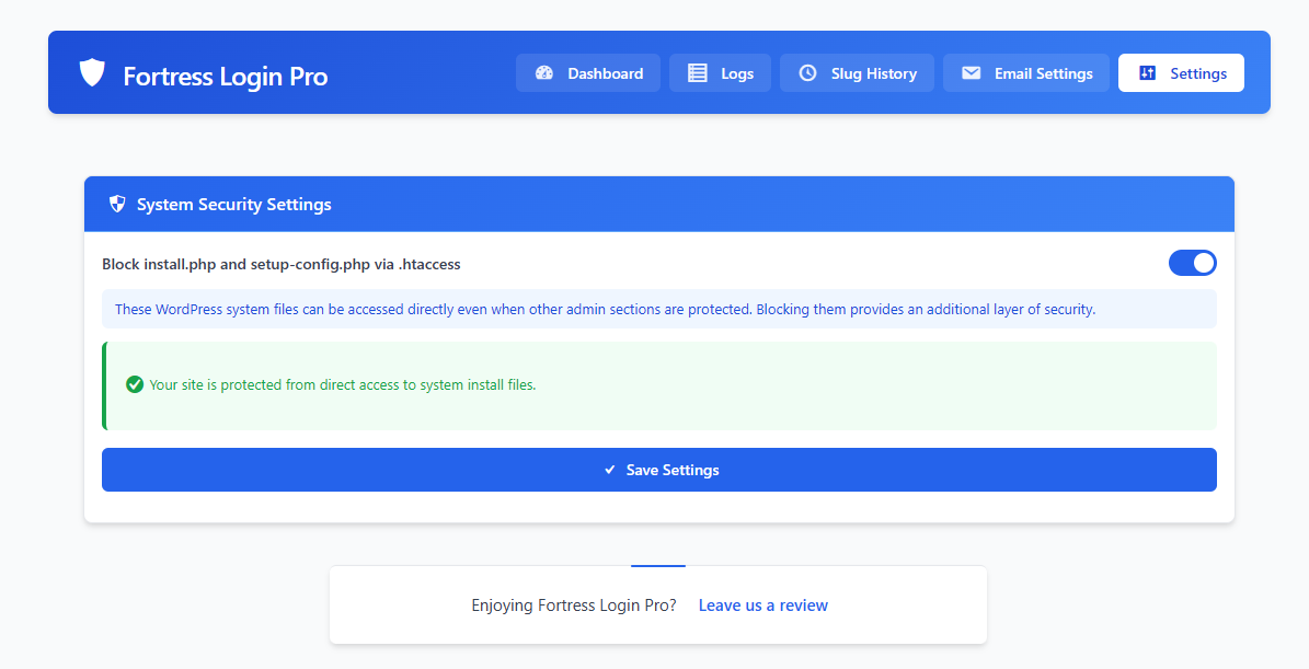 New system settings tab to block install/setup files