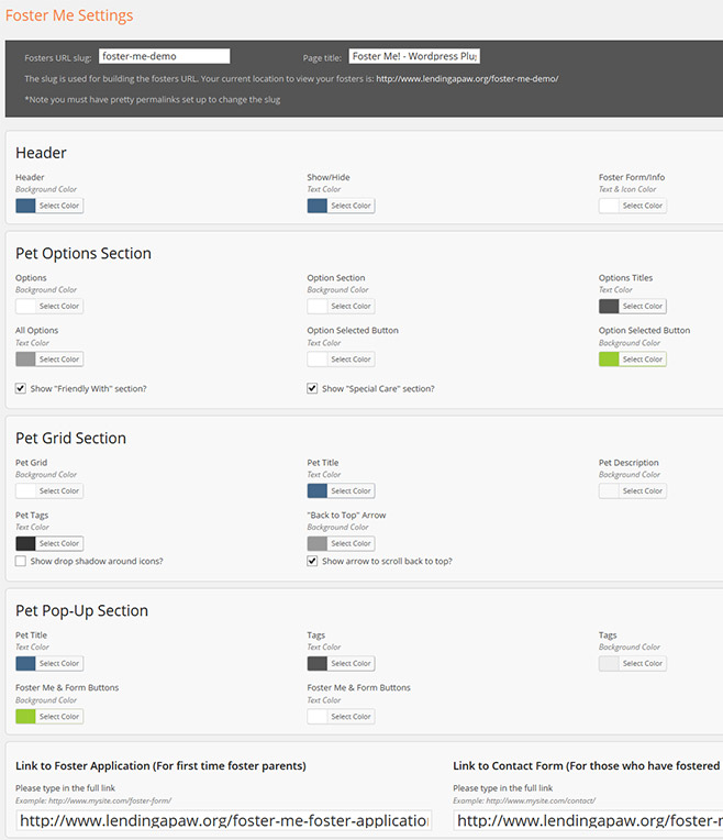 Settings page