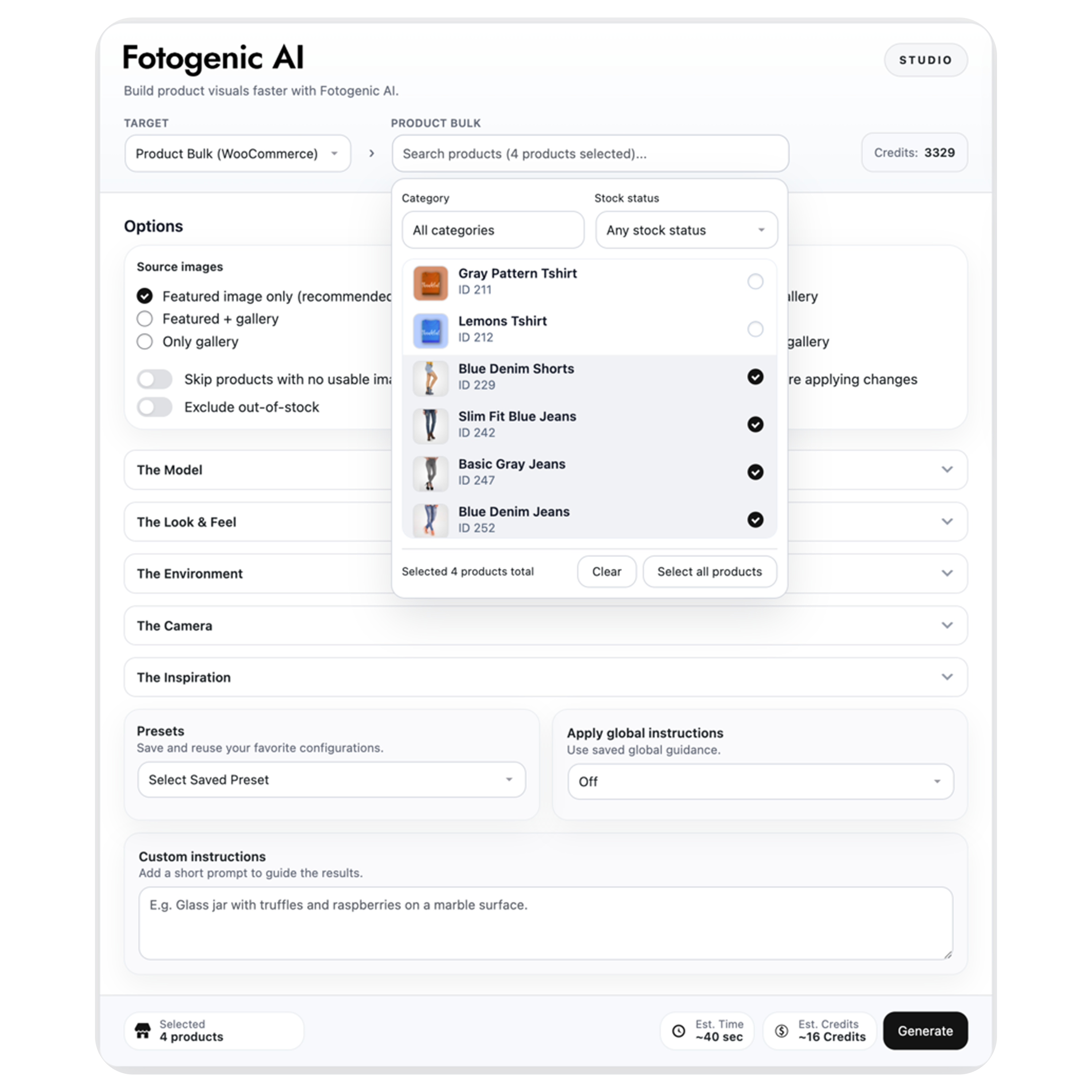 Build a bulk WooCommerce image generation run with product, category, and stock filters in one workflow. Apply one visual strategy across multiple products and scale catalog updates much faster.
