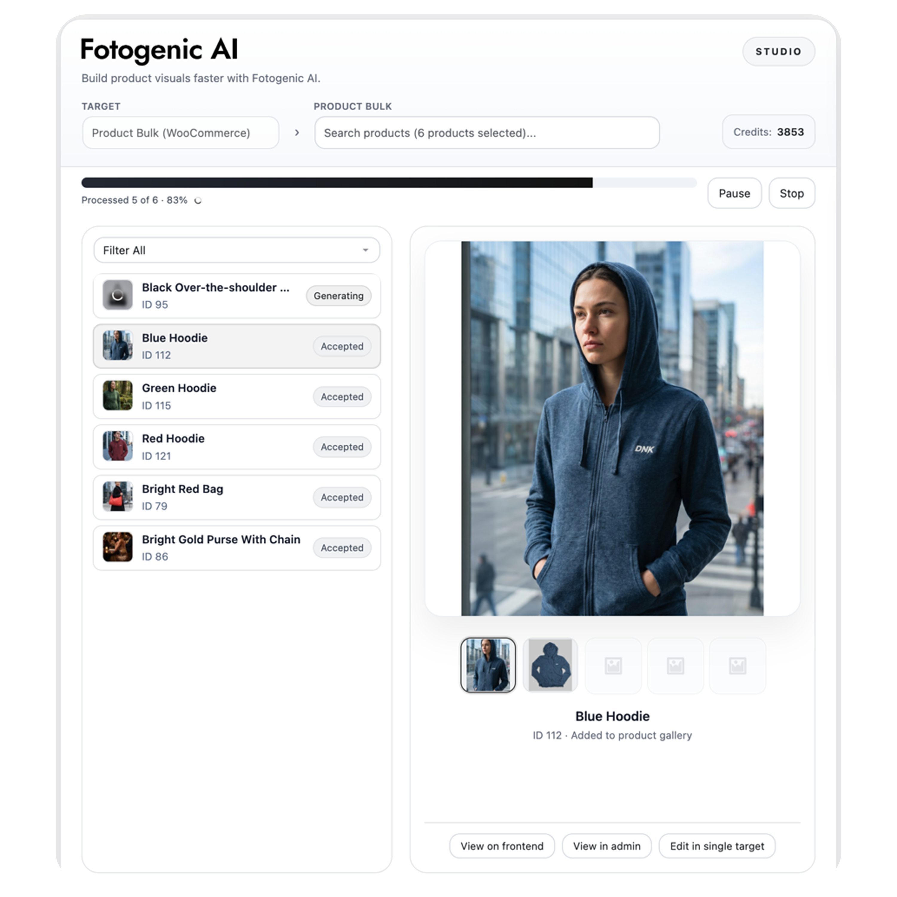 Monitor live bulk generation progress while products move through processing, approval, and gallery updates. Keep control of high-volume WooCommerce image production without losing visibility into each job.