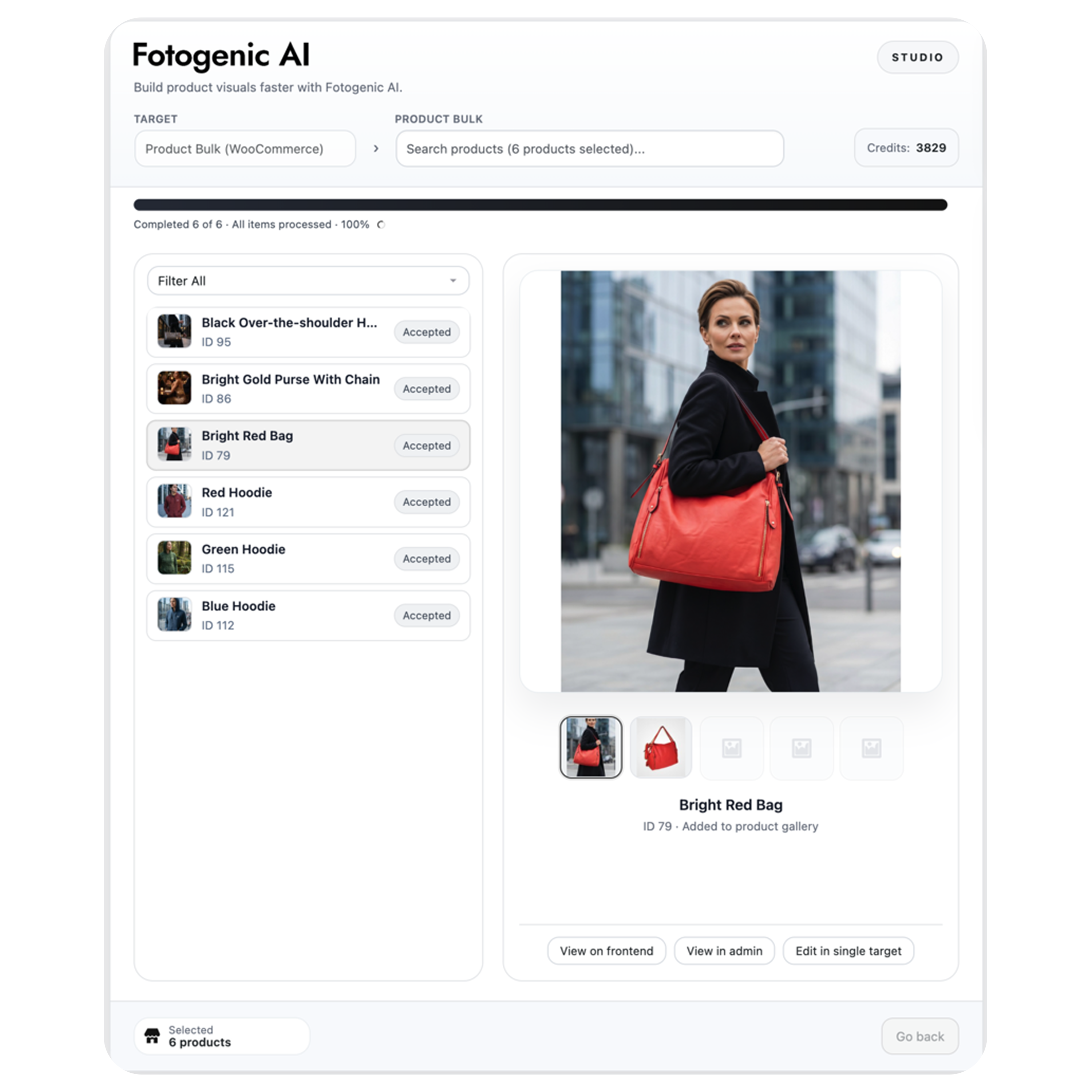 Review completed bulk results and approve the images you want added to each WooCommerce product gallery. Replace ordinary catalog shots with stronger lifestyle visuals directly inside your store workflow.